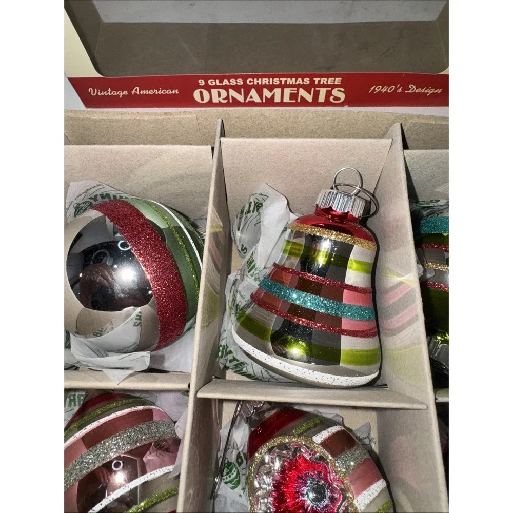 Christopher Radko SHINY BRITE Glass Ornaments Set of 9 Indents‎ Bells Striped
